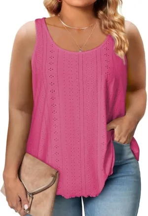 Eytino Womens Plus Size Tank Tops Summer Eyelet Embroidery Sleeveless T-Shirts Tops Scoop Neck Causal Loose Flowy Cami(1X-5X)