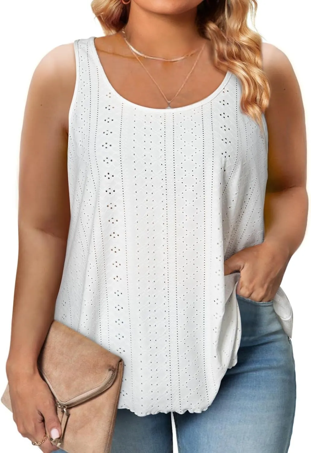 Eytino Womens Plus Size Tank Tops Summer Eyelet Embroidery Sleeveless T-Shirts Tops Scoop Neck Causal Loose Flowy Cami(1X-5X)