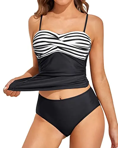 Fashionable Bandeau Tankini Sets For Beach Vacations-Black And White Stripe