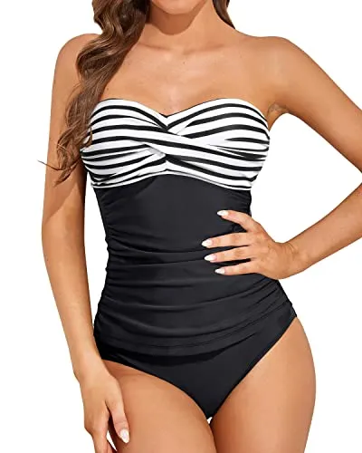 Fashionable Bandeau Tankini Sets For Beach Vacations-Black And White Stripe