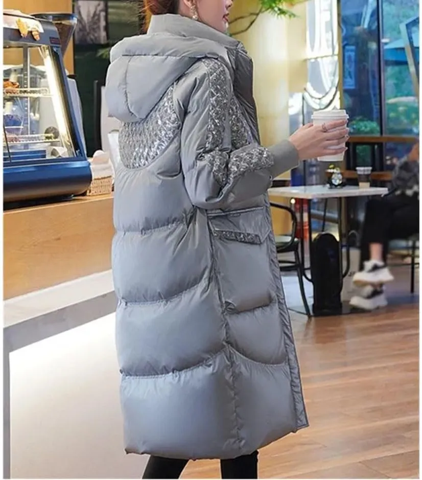 Fjnbbiot Fashion Hooded Down Cotton-Padded Jacket Women Sequins Stitching Long Outerwear Winter Thick Warm Parker Coat