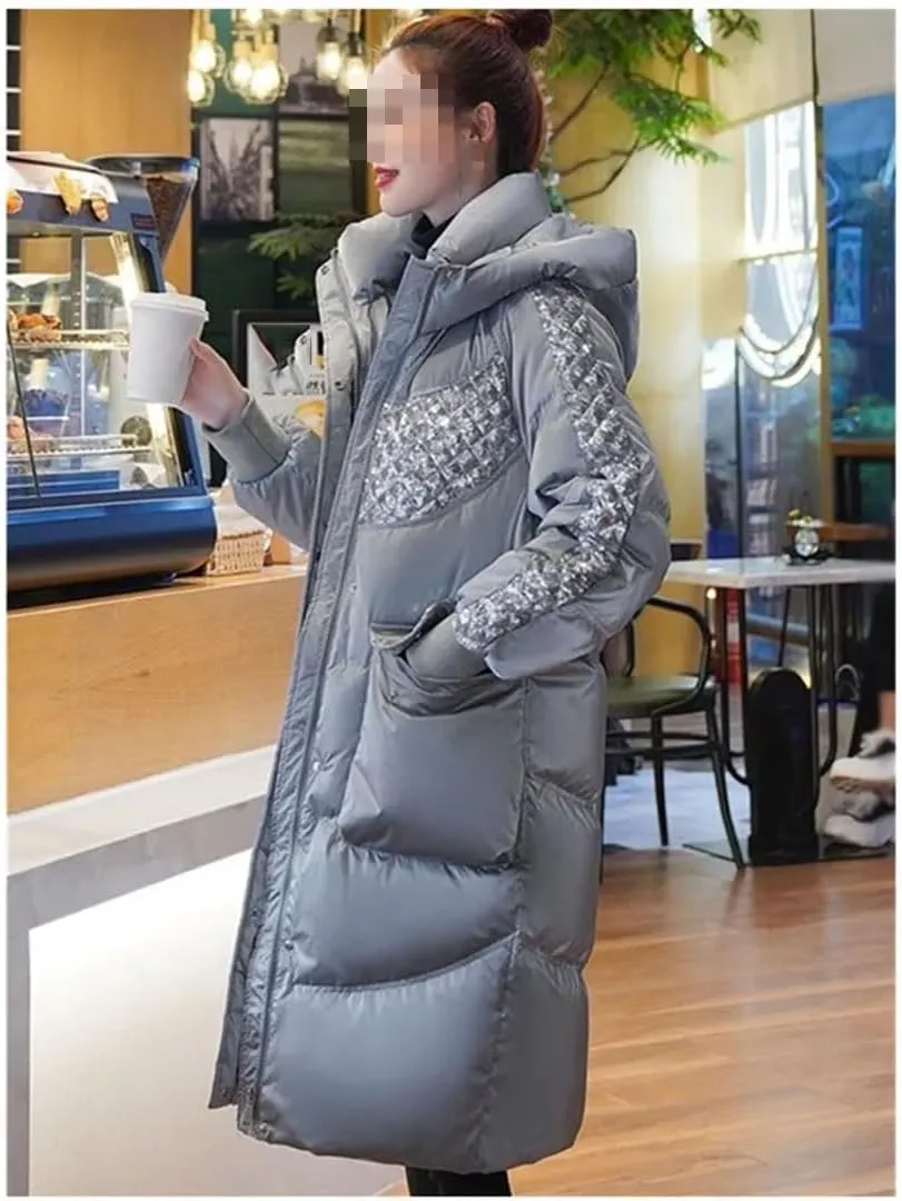 Fjnbbiot Fashion Hooded Down Cotton-Padded Jacket Women Sequins Stitching Long Outerwear Winter Thick Warm Parker Coat