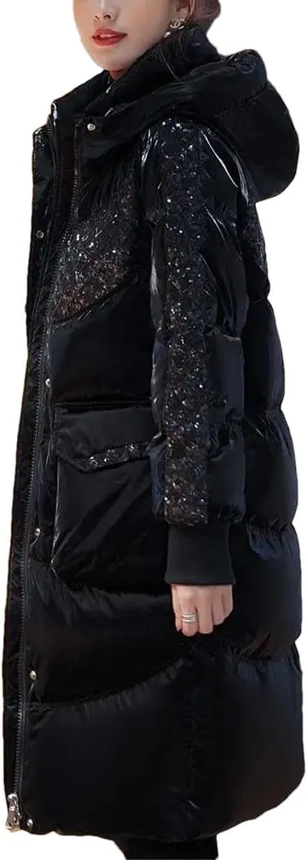 Fjnbbiot Fashion Hooded Down Cotton-Padded Jacket Women Sequins Stitching Long Outerwear Winter Thick Warm Parker Coat