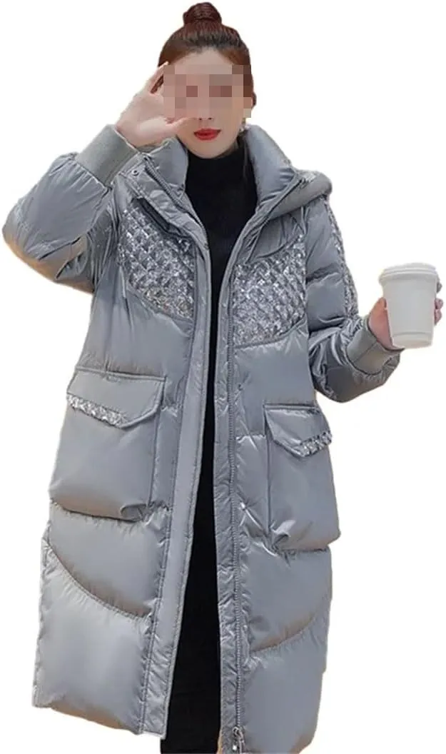 Fjnbbiot Fashion Hooded Down Cotton-Padded Jacket Women Sequins Stitching Long Outerwear Winter Thick Warm Parker Coat