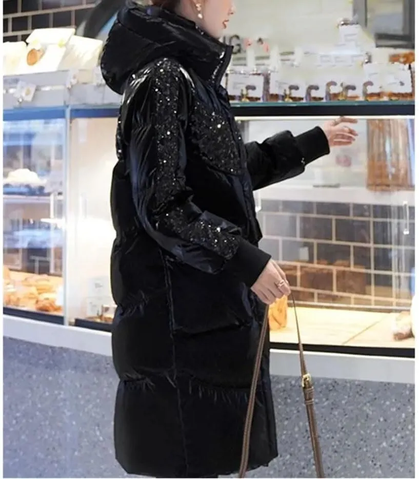 Fjnbbiot Fashion Hooded Down Cotton-Padded Jacket Women Sequins Stitching Long Outerwear Winter Thick Warm Parker Coat