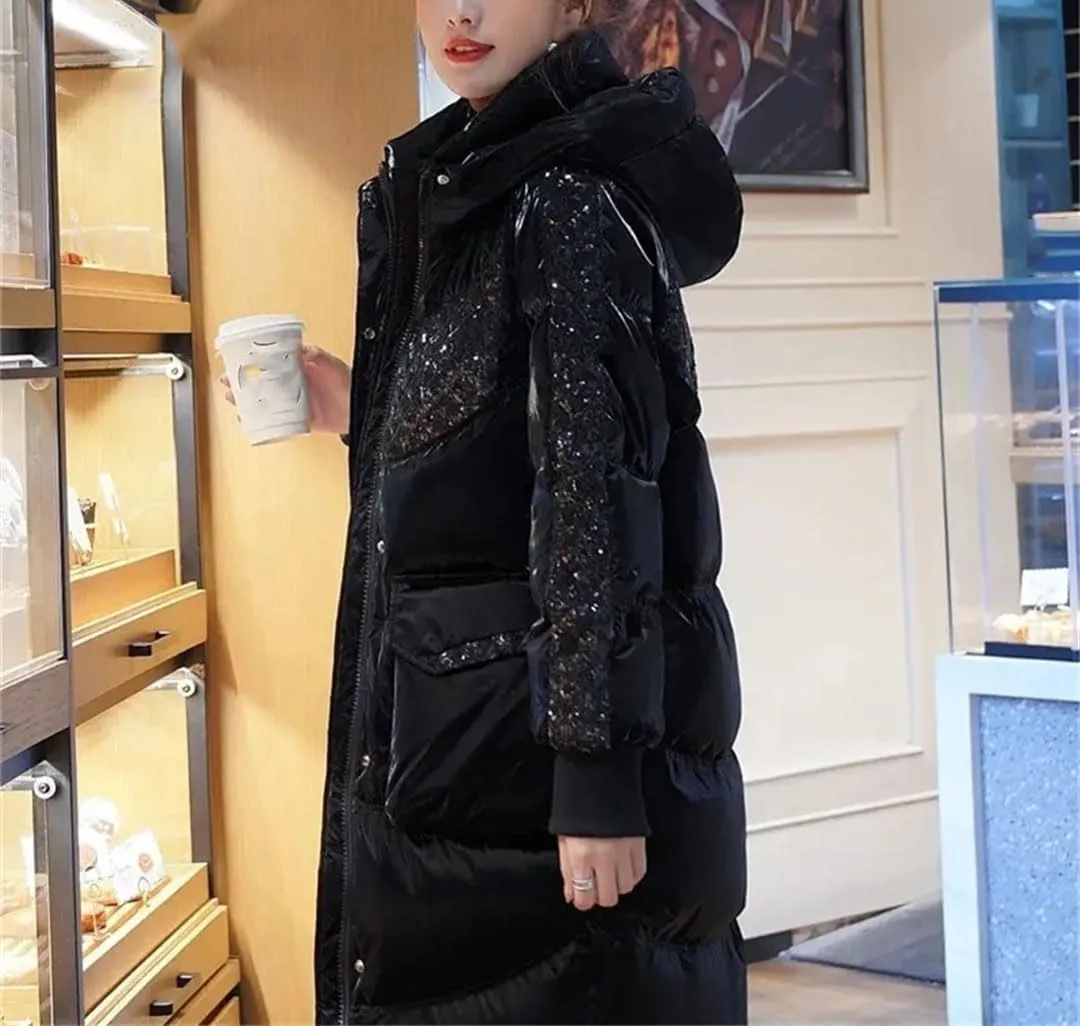 Fjnbbiot Fashion Hooded Down Cotton-Padded Jacket Women Sequins Stitching Long Outerwear Winter Thick Warm Parker Coat