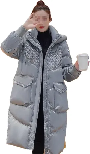 Fjnbbiot Fashion Hooded Down Cotton-Padded Jacket Women Sequins Stitching Long Outerwear Winter Thick Warm Parker Coat