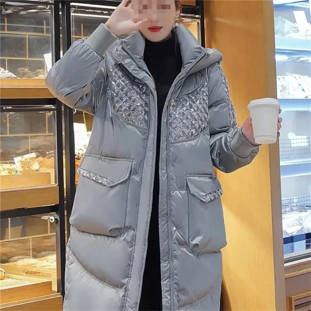 Fjnbbiot Fashion Hooded Down Cotton-Padded Jacket Women Sequins Stitching Long Outerwear Winter Thick Warm Parker Coat