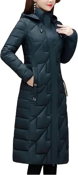 Fjnbbiot Women's Winter Cold Coats Long Parkas Warm Down Basic Jacket Fashion Cotton Padded Outwear Hooded Windproof Overcoat
