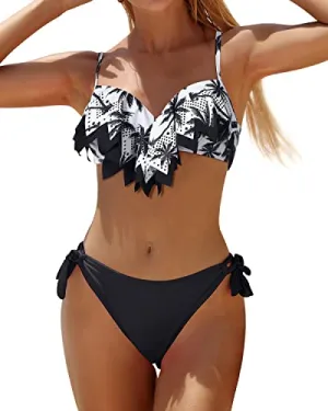 Flattering Push Up Underwire Bikini Sets With Adjustable Spaghetti Straps-Black Palm Tree
