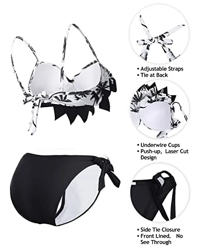 Flattering Push Up Underwire Bikini Sets With Adjustable Spaghetti Straps-Black Palm Tree