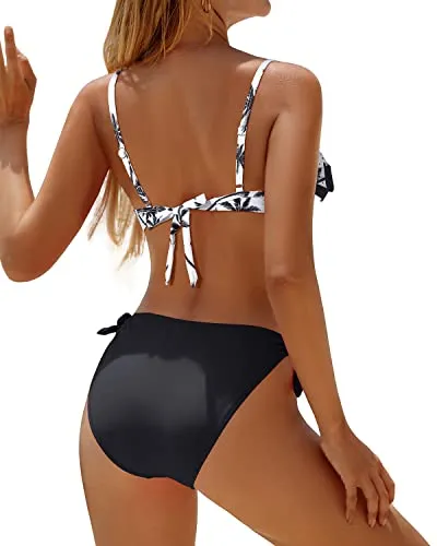 Flattering Push Up Underwire Bikini Sets With Adjustable Spaghetti Straps-Black Palm Tree