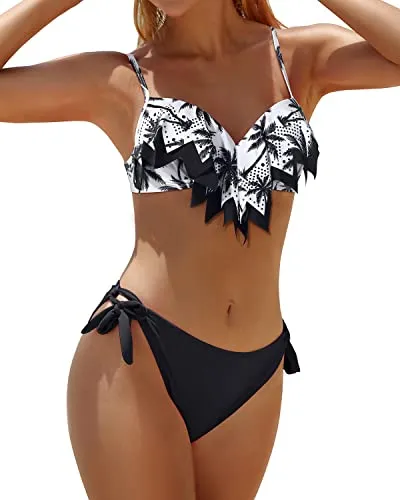 Flattering Push Up Underwire Bikini Sets With Adjustable Spaghetti Straps-Black Palm Tree