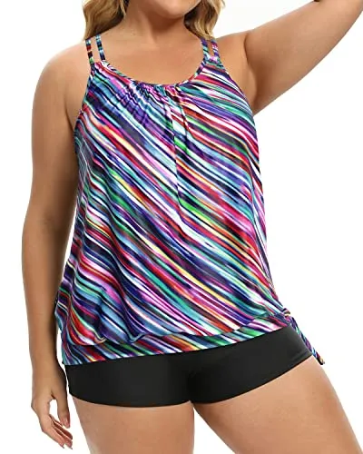 Flattering Two Piece Bathing Suits Plus Size Blouson Tankini with Tummy Control