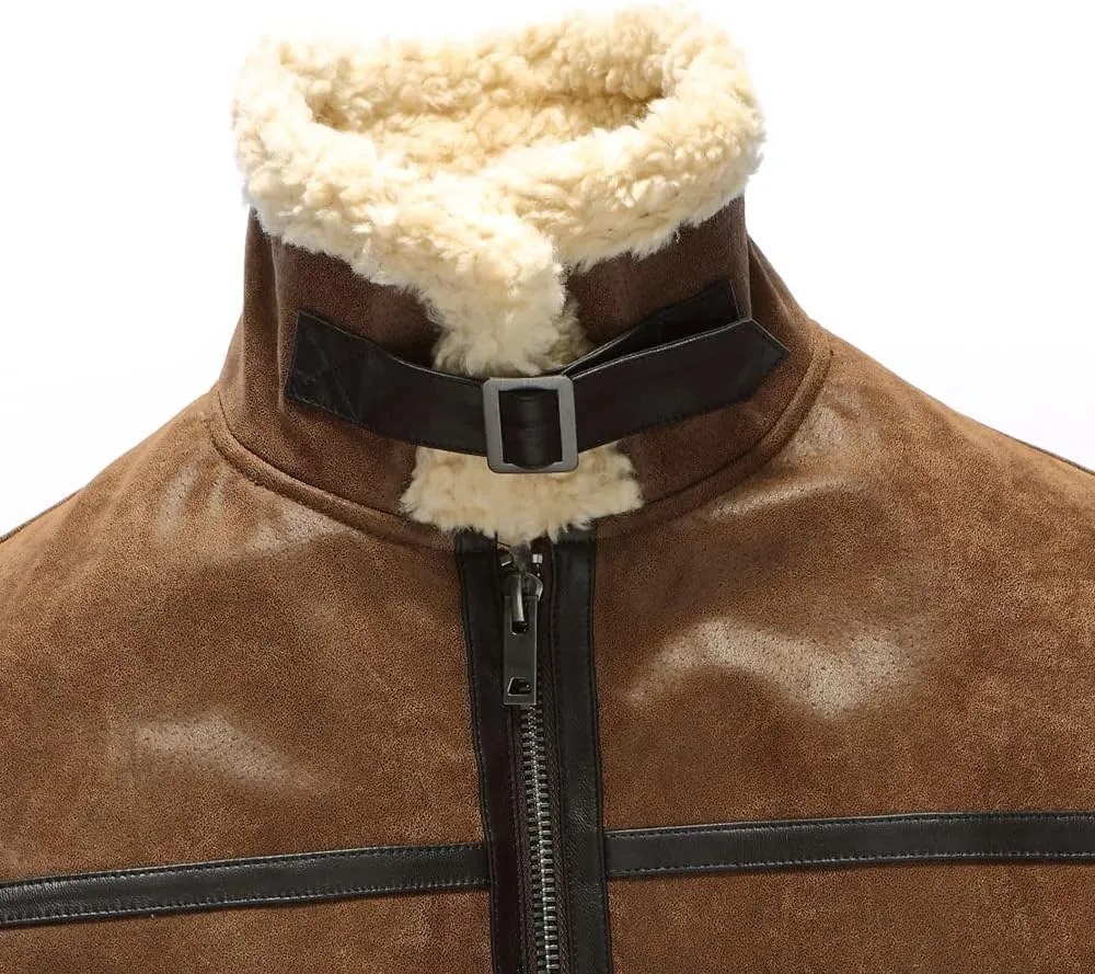 FLAVOR Men's Leather Aviator Jacket Motorcycle Bomber Shearling Coat