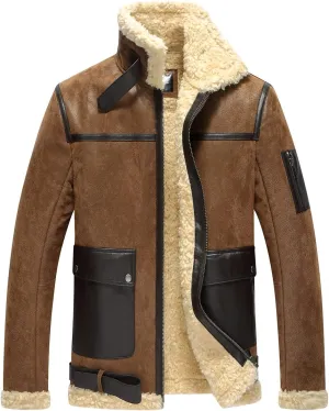 FLAVOR Men's Leather Aviator Jacket Motorcycle Bomber Shearling Coat