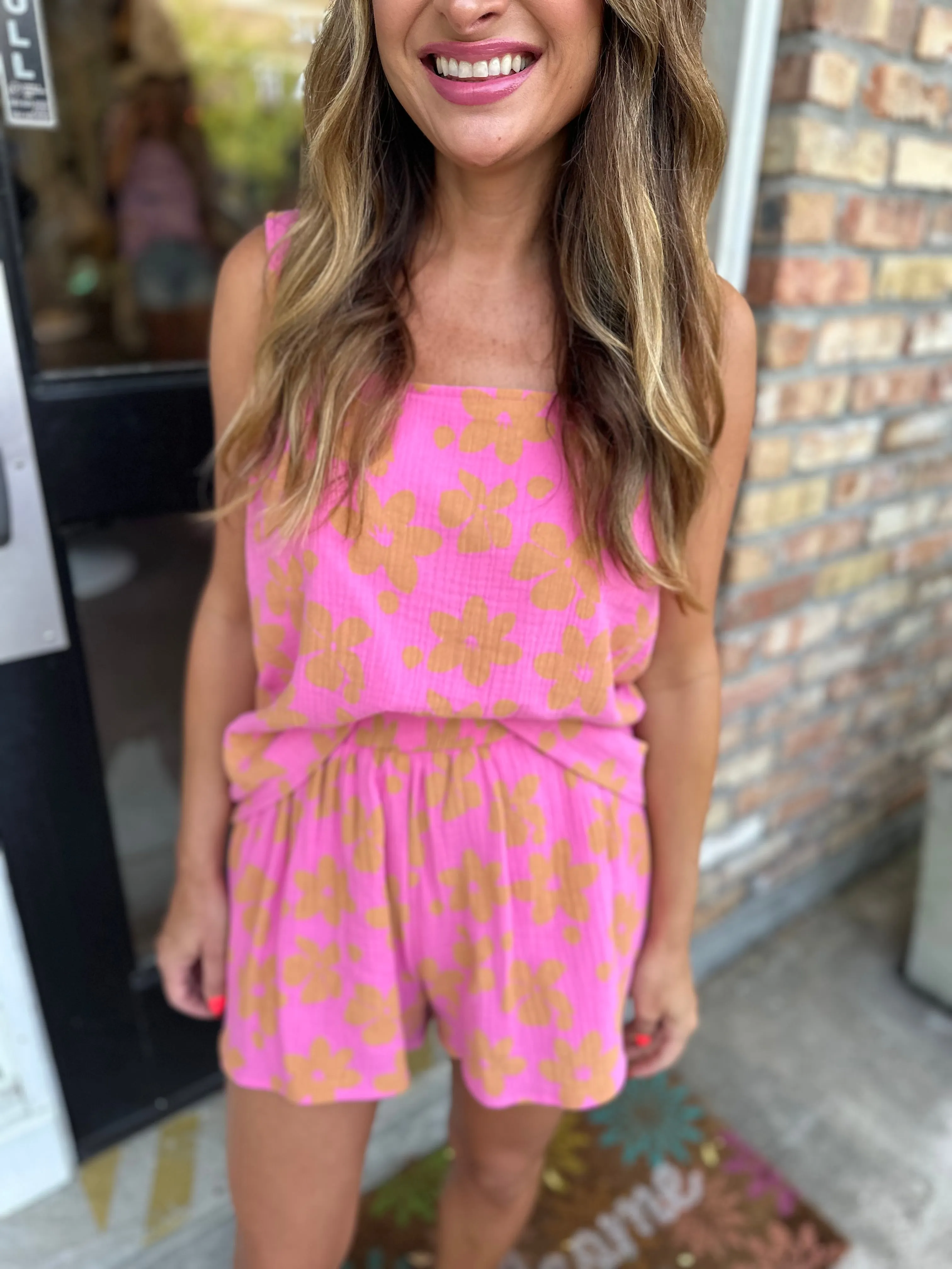 Floral Gauze Two Piece Top & Shorts Set- Punch