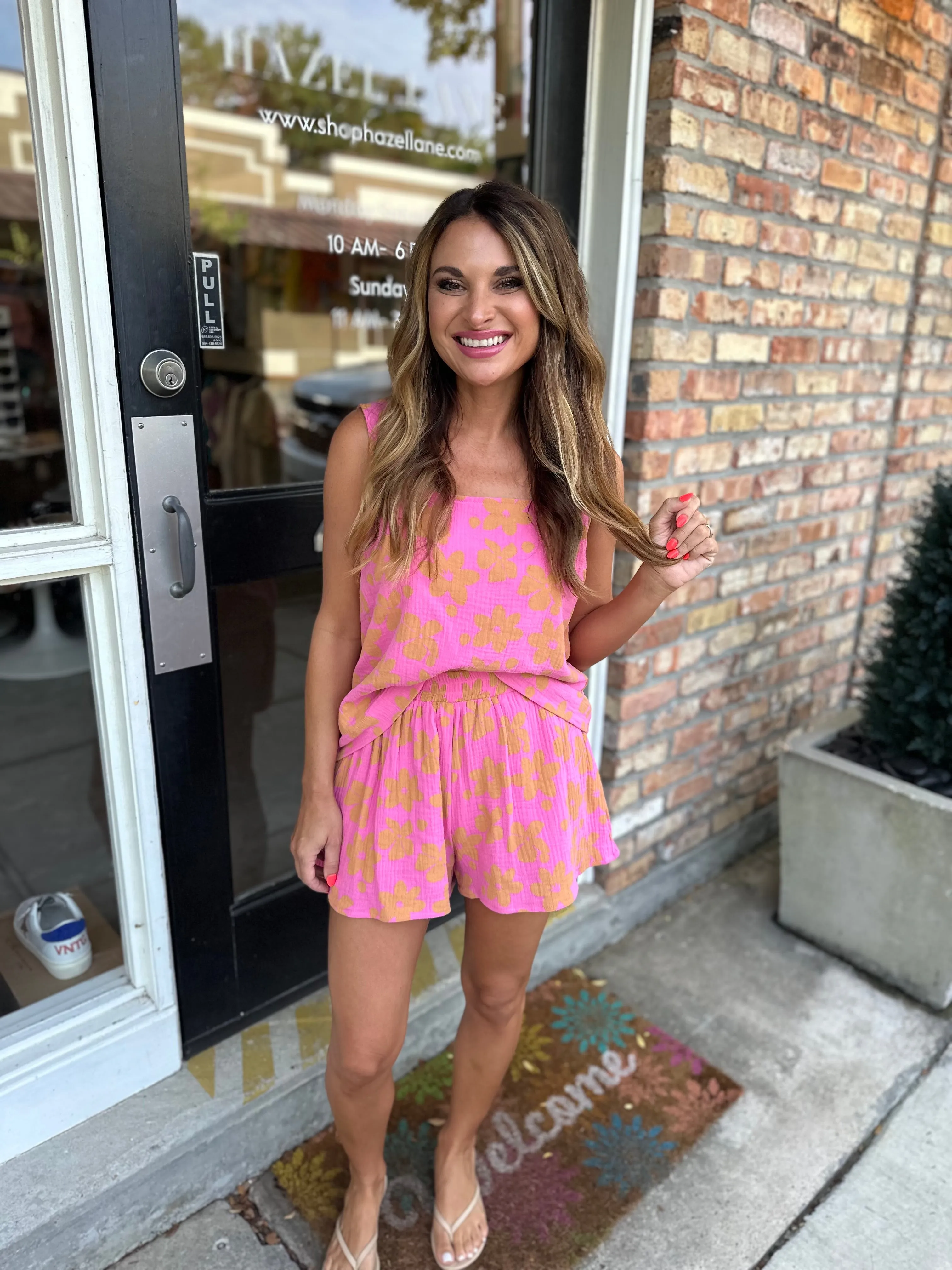 Floral Gauze Two Piece Top & Shorts Set- Punch