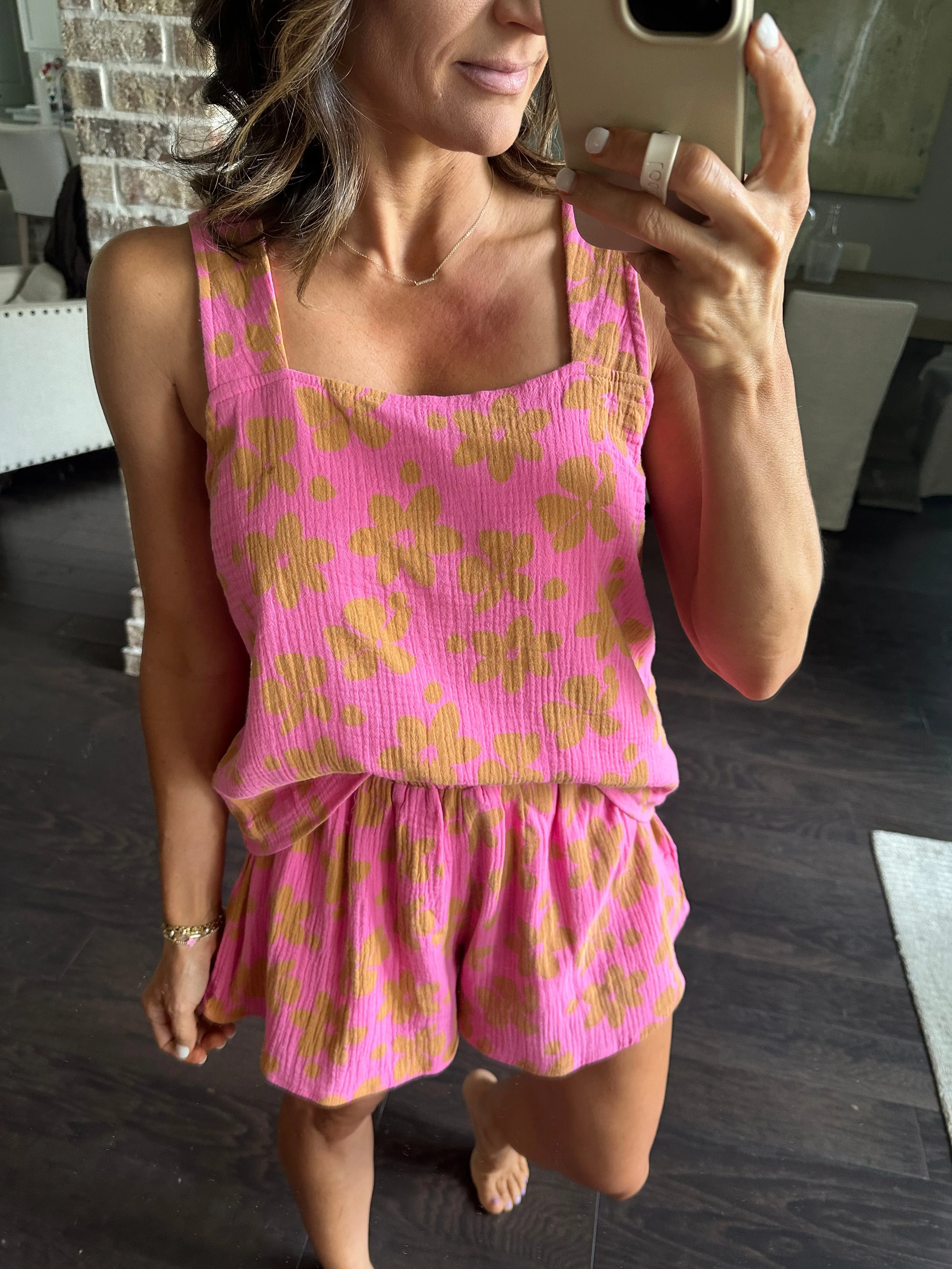 Floral Gauze Two Piece Top & Shorts Set- Punch