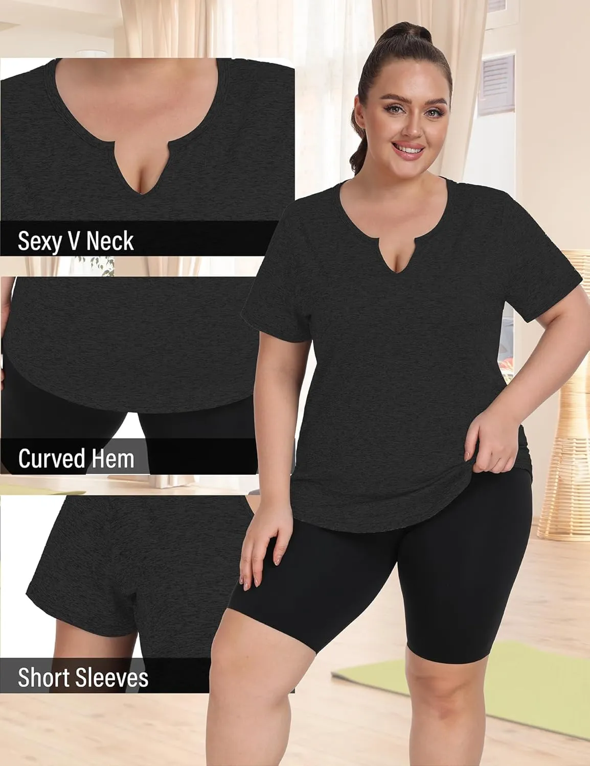FOREYOND Plus Size Workout Tops for Women Short Sleeves V-Neck Yoga Shirts Loose Fit Athletic Gym Clothing Summer
