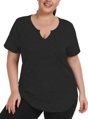 FOREYOND Plus Size Workout Tops for Women Short Sleeves V-Neck Yoga Shirts Loose Fit Athletic Gym Clothing Summer