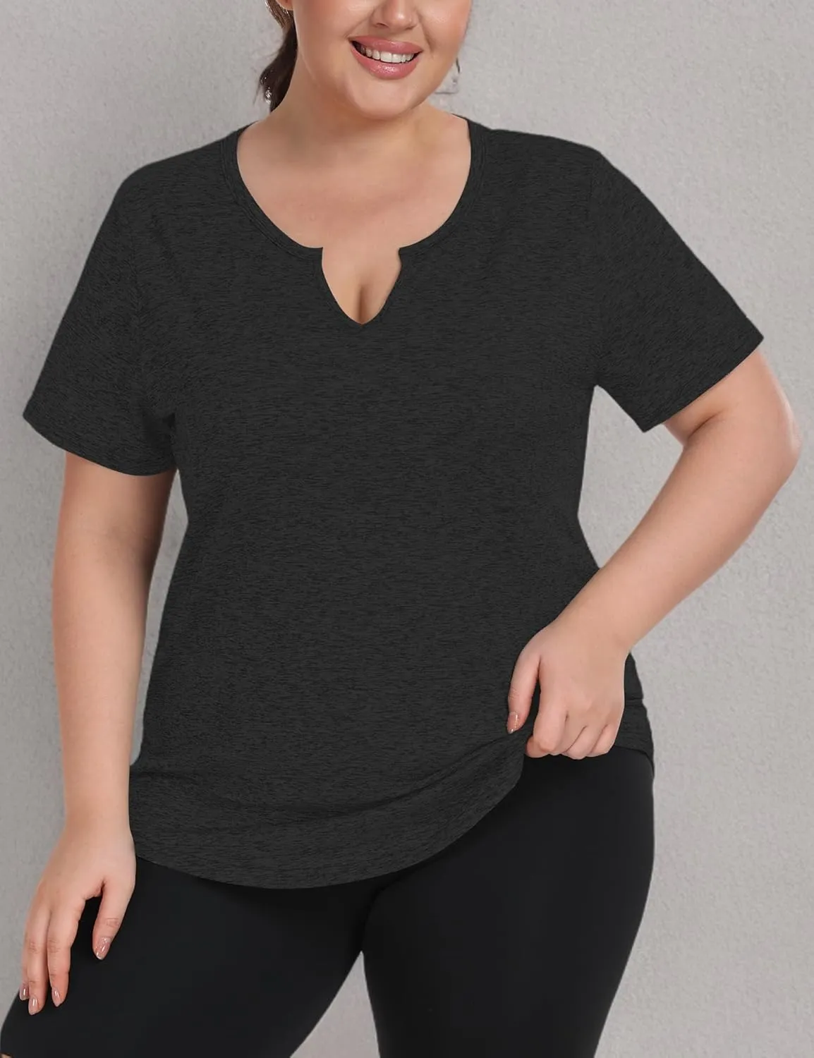 FOREYOND Plus Size Workout Tops for Women Short Sleeves V-Neck Yoga Shirts Loose Fit Athletic Gym Clothing Summer