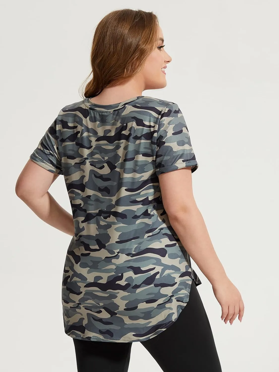 FOREYOND Plus Size Workout Tops for Women Short Sleeves V Neck Yoga Shirts Loose Fit Athletic Gym Running Clothes Summer