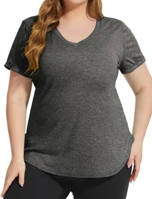 FOREYOND Plus Size Workout Tops for Women Short Sleeves V Neck Yoga Shirts Loose Fit Athletic Gym Running Clothes Summer