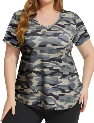 FOREYOND Plus Size Workout Tops for Women Short Sleeves V Neck Yoga Shirts Loose Fit Athletic Gym Running Clothes Summer