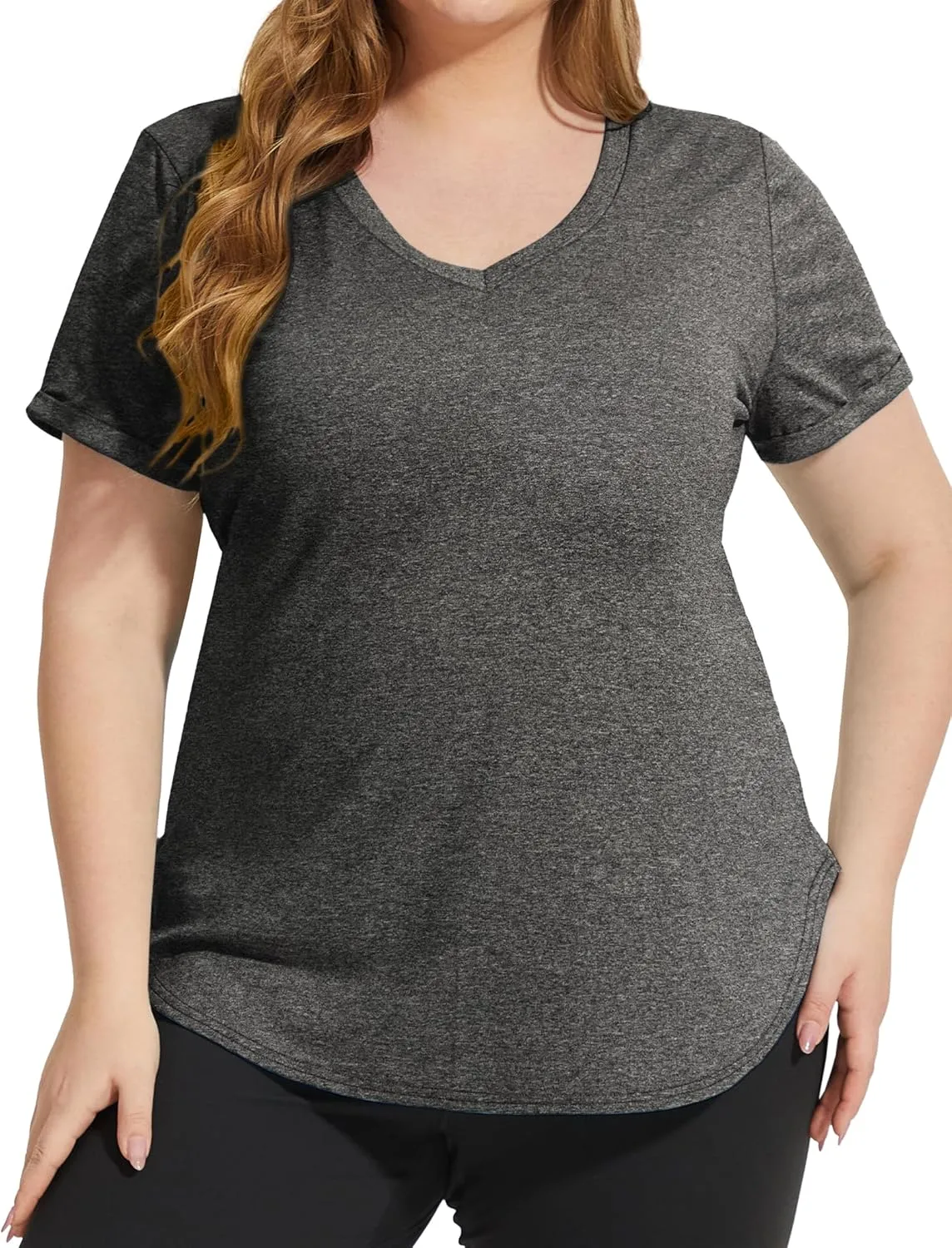 FOREYOND Plus Size Workout Tops for Women Short Sleeves V Neck Yoga Shirts Loose Fit Athletic Gym Running Clothes Summer