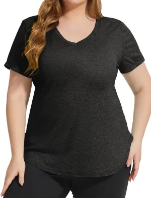 FOREYOND Plus Size Workout Tops for Women Short Sleeves V Neck Yoga Shirts Loose Fit Athletic Gym Running Clothes Summer
