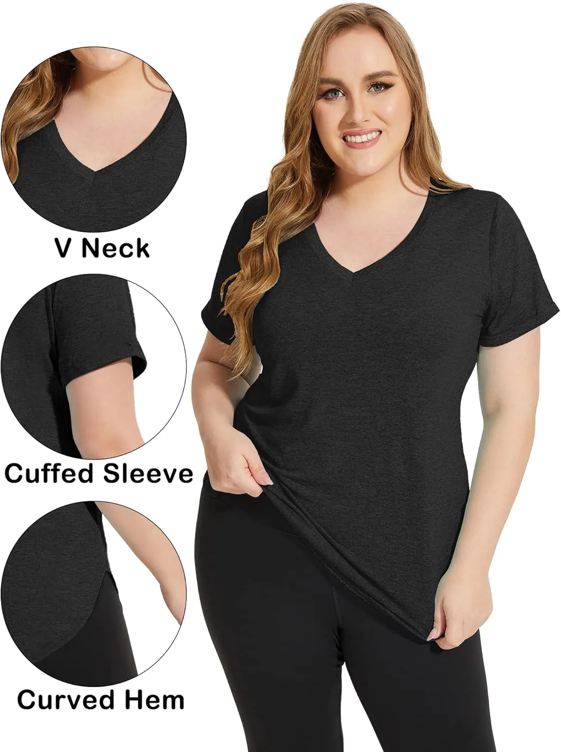 FOREYOND Plus Size Workout Tops for Women Short Sleeves V Neck Yoga Shirts Loose Fit Athletic Gym Running Clothes Summer