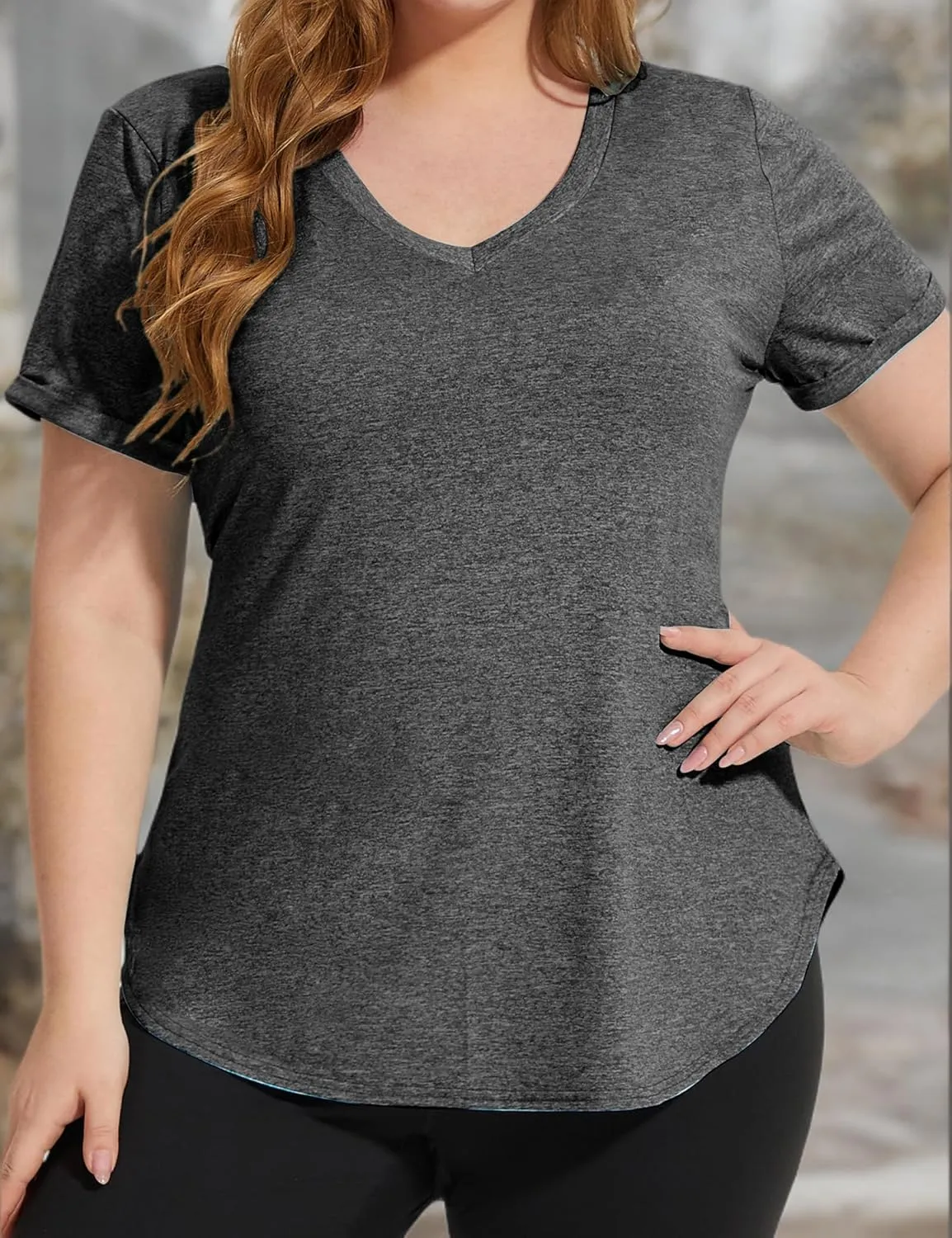 FOREYOND Plus Size Workout Tops for Women Short Sleeves V Neck Yoga Shirts Loose Fit Athletic Gym Running Clothes Summer
