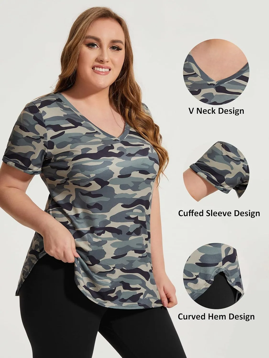 FOREYOND Plus Size Workout Tops for Women Short Sleeves V Neck Yoga Shirts Loose Fit Athletic Gym Running Clothes Summer