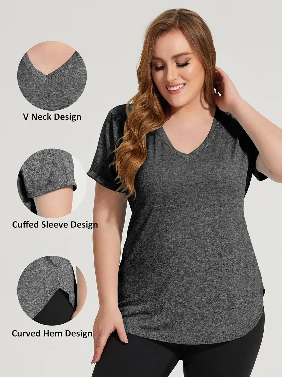 FOREYOND Plus Size Workout Tops for Women Short Sleeves V Neck Yoga Shirts Loose Fit Athletic Gym Running Clothes Summer