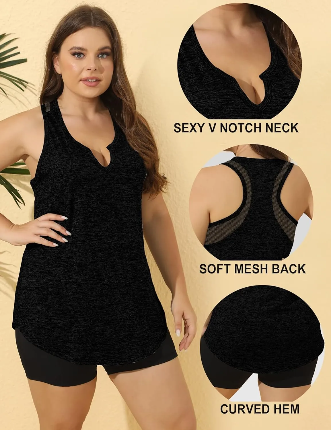 FOREYOND Women' s Plus Size Workout Tank Tops Loose Fit Athletic Sleeveless Tops V Neck Racerback Yoga Gym Summer Shirts