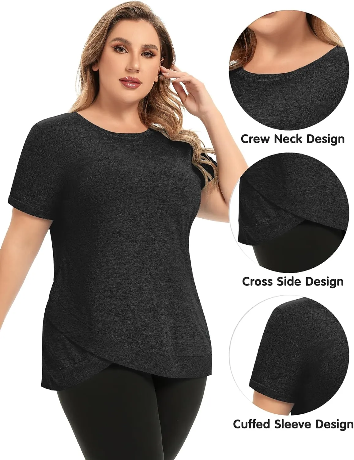 FOREYOND Women's Plus Size Workout Tops Short Sleeves Loose Fit Athletic Shirts Yoga Gym Running Clothing