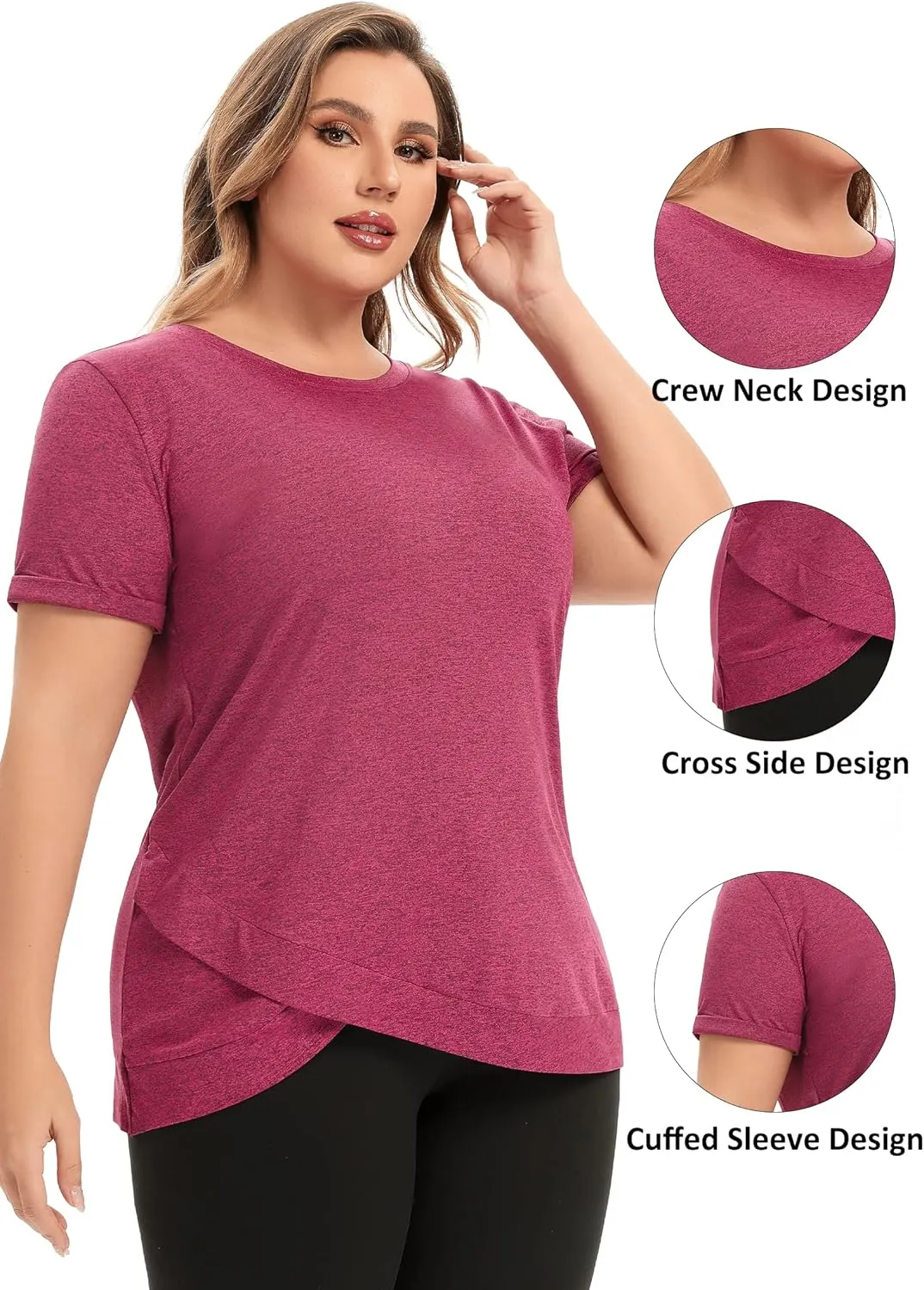 FOREYOND Women's Plus Size Workout Tops Short Sleeves Loose Fit Athletic Shirts Yoga Gym Running Clothing