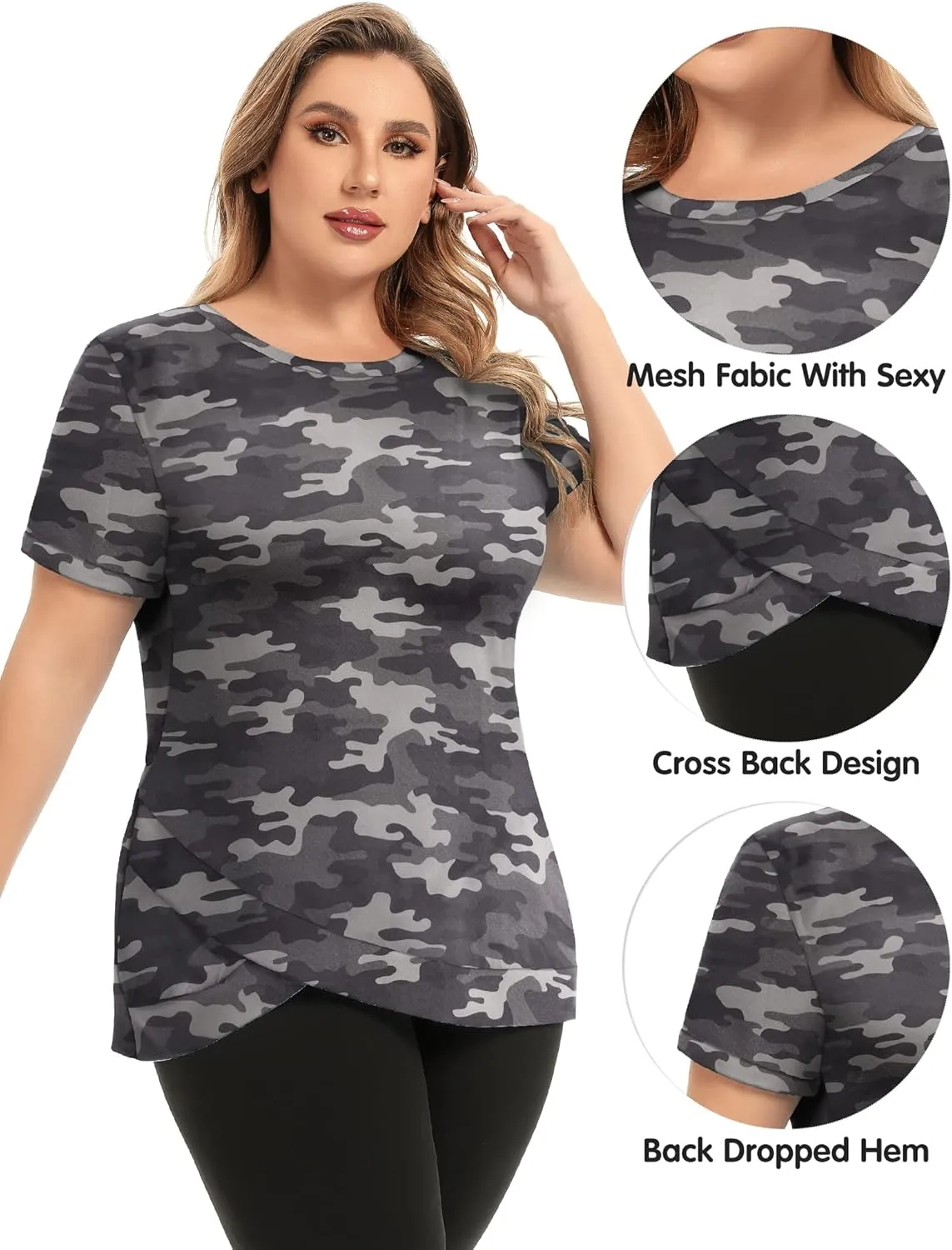 FOREYOND Women's Plus Size Workout Tops Short Sleeves Loose Fit Athletic Shirts Yoga Gym Running Clothing