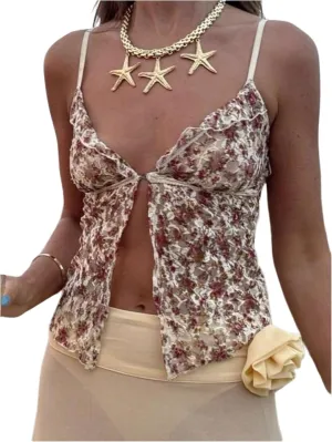 GORGLITTER Women's Floral Lace Camisole Tops Y2k Ruffle V Neck Spaghetti Strap Coquette Top