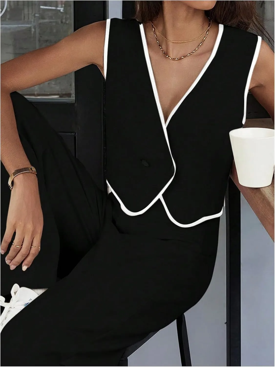 GORGLITTER Women's Sleeveless Casual Vest Tops Cardigans V Neck Asymmetrcal Button Business Work Office Blazer Vests