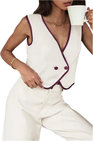 GORGLITTER Women's Sleeveless Casual Vest Tops Cardigans V Neck Asymmetrcal Button Business Work Office Blazer Vests