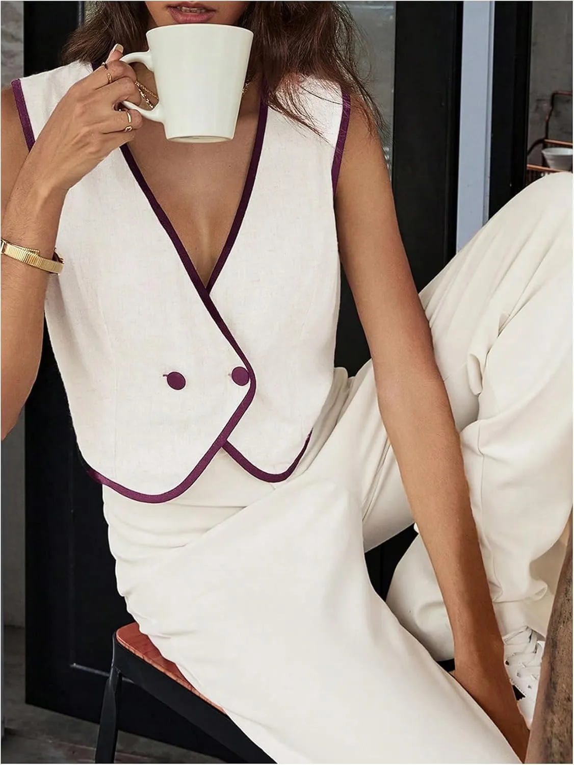 GORGLITTER Women's Sleeveless Casual Vest Tops Cardigans V Neck Asymmetrcal Button Business Work Office Blazer Vests
