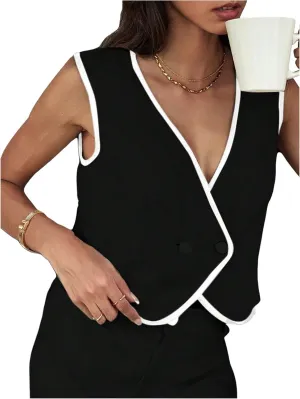 GORGLITTER Women's Sleeveless Casual Vest Tops Cardigans V Neck Asymmetrcal Button Business Work Office Blazer Vests