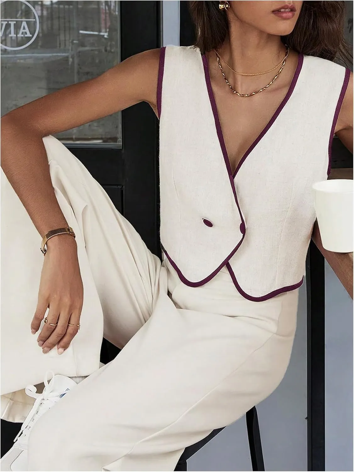 GORGLITTER Women's Sleeveless Casual Vest Tops Cardigans V Neck Asymmetrcal Button Business Work Office Blazer Vests