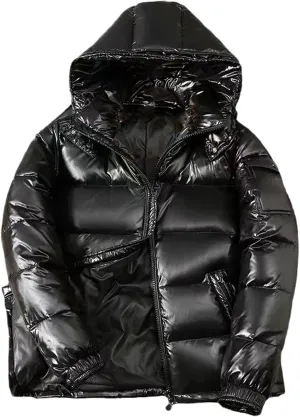 GPCHAN Men's Shiny Down Coat Hood Winter Thicken Warmth Puffer Jacket Glossy Waterproof Parka Coat Outerwear