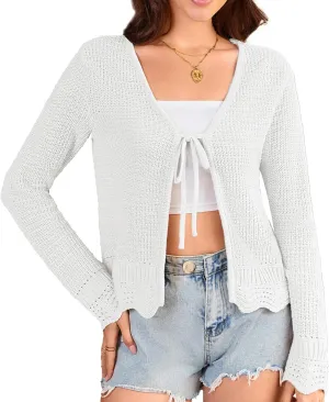 GRACE KARIN Women's Long Sleeve Cardigan Tie Front V Neck Crochet Lightweight Shrug Sweaters for Dresses Knit Top
