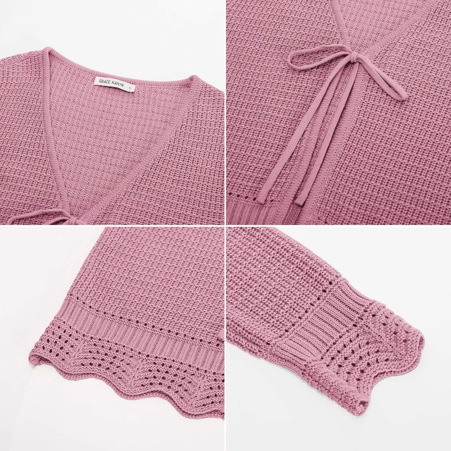 GRACE KARIN Women's Long Sleeve Cardigan Tie Front V Neck Crochet Lightweight Shrug Sweaters for Dresses Knit Top