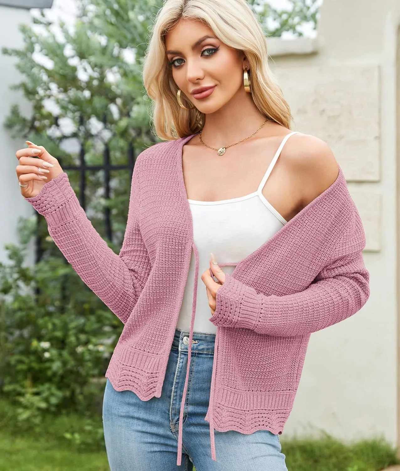 GRACE KARIN Women's Long Sleeve Cardigan Tie Front V Neck Crochet Lightweight Shrug Sweaters for Dresses Knit Top