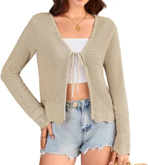 GRACE KARIN Women's Long Sleeve Cardigan Tie Front V Neck Crochet Lightweight Shrug Sweaters for Dresses Knit Top